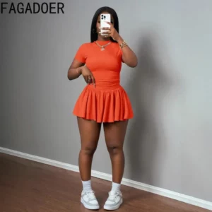 FAGADOER Casual Sports Ribbing Two Piece Outfits Woman Solid Color Short Sleeve Crop Top and Pleated Skirt Female Clothing 2025 - Image 3