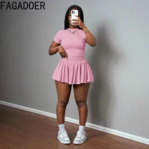 FAGADOER Casual Sports Ribbing Two Piece Outfits Woman Solid Color Short Sleeve Crop Top and Pleated Skirt Female Clothing 2025 - Image 4