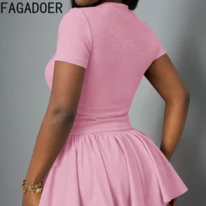 FAGADOER Casual Sports Ribbing Two Piece Outfits Woman Solid Color Short Sleeve Crop Top and Pleated Skirt Female Clothing 2025 - Image 5