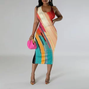 Colorful Striped Gradient Print Midi Dress for Women Plus Size Summer Sleeveless Bodycon Casual Holiday Dress - Image 1