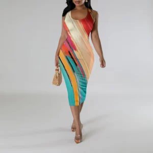 Colorful Striped Gradient Print Midi Dress for Women Plus Size Summer Sleeveless Bodycon Casual Holiday Dress - Image 6