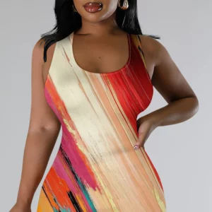 Colorful Striped Gradient Print Midi Dress for Women Plus Size Summer Sleeveless Bodycon Casual Holiday Dress - Image 5