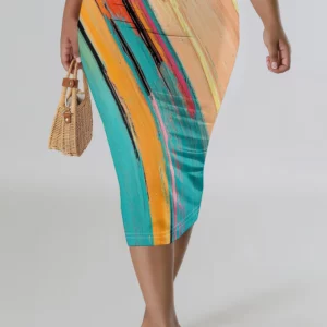 Colorful Striped Gradient Print Midi Dress for Women Plus Size Summer Sleeveless Bodycon Casual Holiday Dress - Image 4