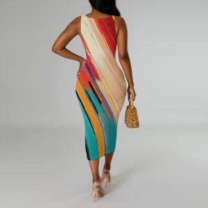 Colorful Striped Gradient Print Midi Dress for Women Plus Size Summer Sleeveless Bodycon Casual Holiday Dress - Image 3