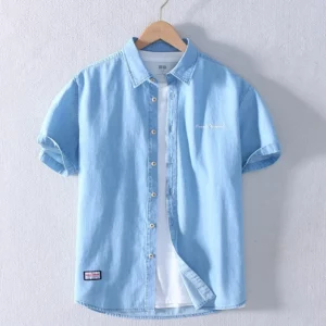 Schinteon Men Summer Thin 100% Pure Cotton Denim Short sleeved Shirt Casual Turn-down Collar Letter Embroidery Jeans Top 2024 - Image 3