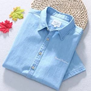 Schinteon Men Summer Thin 100% Pure Cotton Denim Short sleeved Shirt Casual Turn-down Collar Letter Embroidery Jeans Top 2024 - Image 4