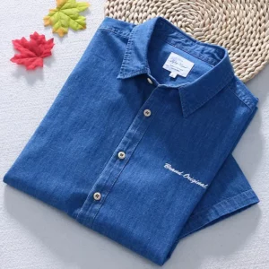 Schinteon Men Summer Thin 100% Pure Cotton Denim Short sleeved Shirt Casual Turn-down Collar Letter Embroidery Jeans Top 2024 - Image 5