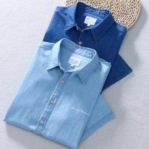 Schinteon Men Summer Thin 100% Pure Cotton Denim Short sleeved Shirt Casual Turn-down Collar Letter Embroidery Jeans Top 2024 - Image 6