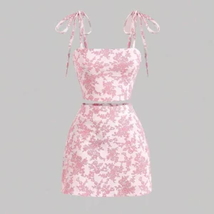 Women's Autumn Set Korean Comfortable Square Neck Sleeveless Mini Wrap Floral Two-Piece Set - Image 4