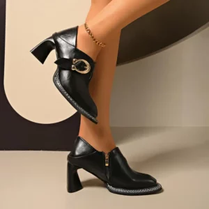 Brand Metal Buckle Thick High Heel Designer Loafers Women 2026 Winter Retro Square Toe Leather Pumps Woman Vintage Office Shoes - Image 2
