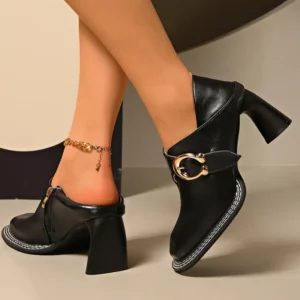 Brand Metal Buckle Thick High Heel Designer Loafers Women 2026 Winter Retro Square Toe Leather Pumps Woman Vintage Office Shoes - Image 3