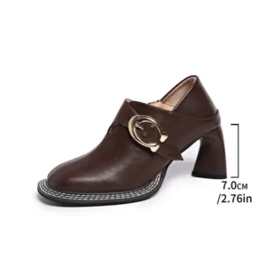 Brand Metal Buckle Thick High Heel Designer Loafers Women 2026 Winter Retro Square Toe Leather Pumps Woman Vintage Office Shoes - Image 4