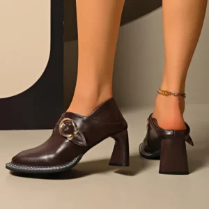 Brand Metal Buckle Thick High Heel Designer Loafers Women 2026 Winter Retro Square Toe Leather Pumps Woman Vintage Office Shoes - Image 6
