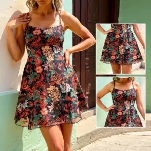 Women's Vacation Dresses 2025 Vibrant Graphic Print Sleeveless Square Neck Mini Dress for Tropical Getaway Style - Image 1