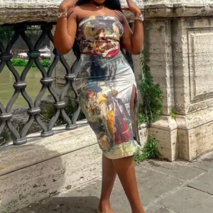 Joskaa Abstract Printing 2 Piece Set Women Sexy Wrap Chest Tank Tops and Split Hip Skirt Matching Fall 2023 Party Club Outfits - Image 1