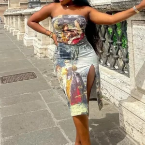 Joskaa Abstract Printing 2 Piece Set Women Sexy Wrap Chest Tank Tops and Split Hip Skirt Matching Fall 2023 Party Club Outfits - Image 2