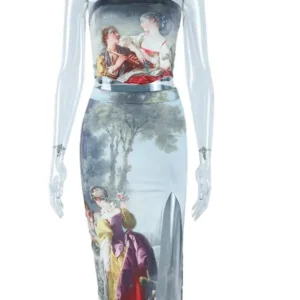 Joskaa Abstract Printing 2 Piece Set Women Sexy Wrap Chest Tank Tops and Split Hip Skirt Matching Fall 2023 Party Club Outfits - Image 4