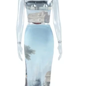 Joskaa Abstract Printing 2 Piece Set Women Sexy Wrap Chest Tank Tops and Split Hip Skirt Matching Fall 2023 Party Club Outfits - Image 5