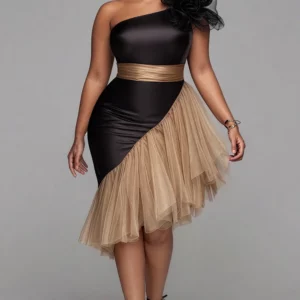 Plus Size Cocktail Party Tulle Black One Shoulder Contrast Elegant 3D Satin Midi Dresses - Image 1