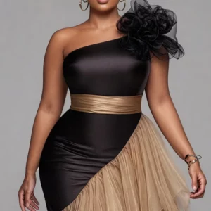 Plus Size Cocktail Party Tulle Black One Shoulder Contrast Elegant 3D Satin Midi Dresses - Image 2