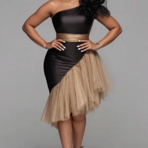 Plus Size Cocktail Party Tulle Black One Shoulder Contrast Elegant 3D Satin Midi Dresses - Image 4