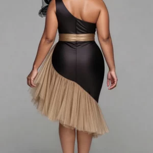 Plus Size Cocktail Party Tulle Black One Shoulder Contrast Elegant 3D Satin Midi Dresses - Image 6