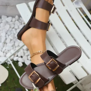 Retro Casual Flats Women's Outdoor Slippers Metal Buckle Sandals Soft Leather Rubber Bottom Flat Footwear for Adults Shoes - Image 6