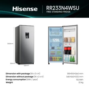 233L Gross/ 177L Net Capacity, Single Door Compact Refrigerator With Water Dispenser RR233N4WSU Silver - Image 5