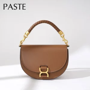 Vintage Half Moon Round Shape Saddle Bag Small Hard Cow Leather Women Messenger Bag Handmade Weave Handle Handbag - Image 6