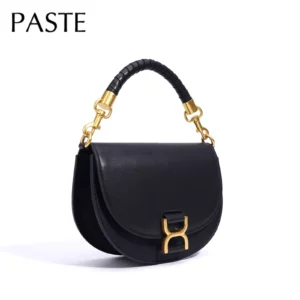 Vintage Half Moon Round Shape Saddle Bag Small Hard Cow Leather Women Messenger Bag Handmade Weave Handle Handbag - Image 5
