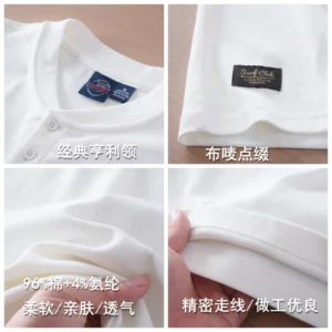 2025 Summer New American Retro Short Sleeve Henry Collar Solid Color T-shirt Men's Simple 96% Cotton Washed Casual Loose Tops - Image 2