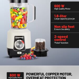 2-in-1 Blender, Powerful Motor With 2 Speed Setting and Pulse| Transparent And Unbreakable Jars With Stainless Steel Blade, Grinder Attachment| Perfect For making Smoothies, Milkshakes, Etc And Grinding Beans, Coconut, Nuts, Etc|2 Years Warranty 1.8 L 600 W GSB44027T White/Black - Image 4
