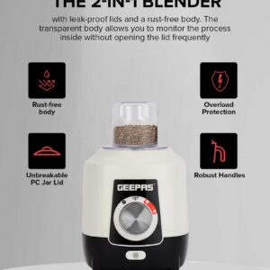 2-in-1 Blender, Powerful Motor With 2 Speed Setting and Pulse| Transparent And Unbreakable Jars With Stainless Steel Blade, Grinder Attachment| Perfect For making Smoothies, Milkshakes, Etc And Grinding Beans, Coconut, Nuts, Etc|2 Years Warranty 1.8 L 600 W GSB44027T White/Black - Image 6