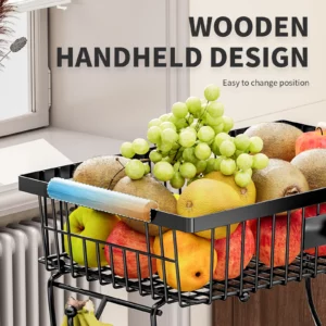 fruit basket vegetable basket,Metal storage basket with hook and wooden handle,Stackable and removable kitchen storage rack - Image 5