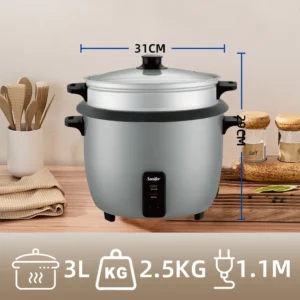 Sonifer Electric Rice Cooker, 3L 500W, One-Button Cooking, Steaming & Boiling, Glass Lid, Compact Design - Image 5