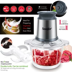 2 Speeds Electric Chopper Meat Grinder 1.8L Glass Mincer Food Processor Slicer Egg Beater Vegetable Meat Grinder 250W Sonifer - Image 4