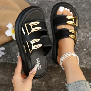 Designer Women Platform Slippers Gold Buckle Roman Shoes New Summer Metal Circle Gladiator Sandals Slides Women Zapatos De Mujer - Image 1