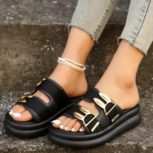 Designer Women Platform Slippers Gold Buckle Roman Shoes New Summer Metal Circle Gladiator Sandals Slides Women Zapatos De Mujer - Image 2