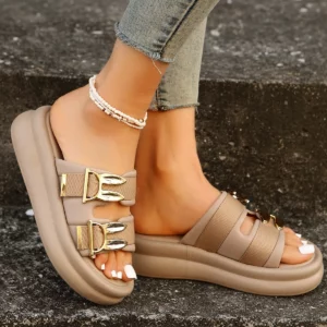 Designer Women Platform Slippers Gold Buckle Roman Shoes New Summer Metal Circle Gladiator Sandals Slides Women Zapatos De Mujer - Image 5