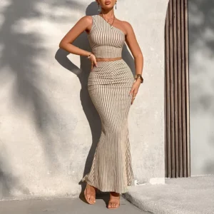 Women's 2025 Sets Summer Fashion Daily Stripes One-Shoulder Sleeveless Top Wrap Full Length Skirts Casual Sets - Image 2
