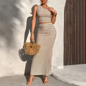 Women's 2025 Sets Summer Fashion Daily Stripes One-Shoulder Sleeveless Top Wrap Full Length Skirts Casual Sets - Image 7