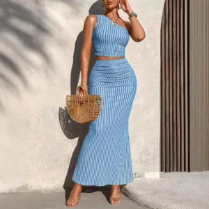 Women's 2025 Sets Summer Fashion Daily Stripes One-Shoulder Sleeveless Top Wrap Full Length Skirts Casual Sets - Image 3