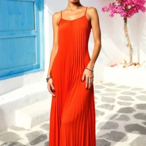 2025 Dresses Summer Elegant Plain Sleeveless Scoop Neck Maxi Vacation Pleated Dresses For Women - Image 1