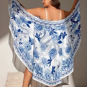 Women's Bohemian-style bathrobe tunic - semi-transparent orange floral swimsuit jacket - Image 3