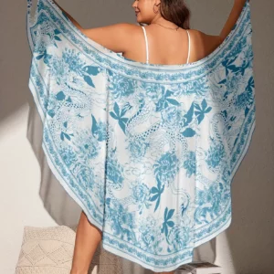 Women's Bohemian-style bathrobe tunic - semi-transparent orange floral swimsuit jacket - Image 4