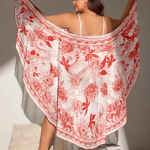 Women's Bohemian-style bathrobe tunic - semi-transparent orange floral swimsuit jacket - Image 5
