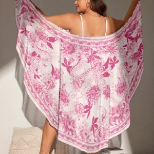 Women's Bohemian-style bathrobe tunic - semi-transparent orange floral swimsuit jacket - Image 6