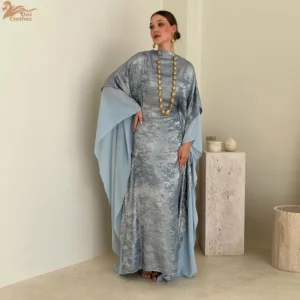 Uni New Dubai Luxury Woman Evening Dress Mesh Dolman Sleeve Kaftans Woman Gold Stamping Abaya 2025 - Image 4