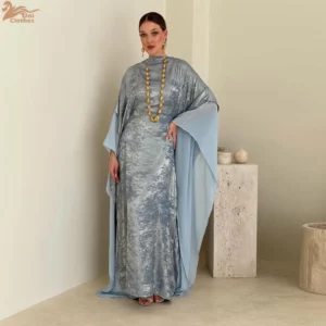 Uni New Dubai Luxury Woman Evening Dress Mesh Dolman Sleeve Kaftans Woman Gold Stamping Abaya 2025 - Image 5
