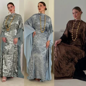 Uni New Dubai Luxury Woman Evening Dress Mesh Dolman Sleeve Kaftans Woman Gold Stamping Abaya 2025 - Image 6